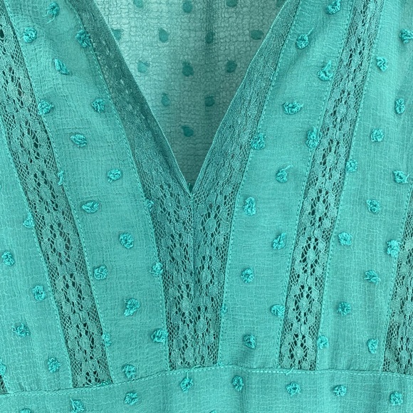 Aqua NWT Ruffle Clip Dot Mini Dress Pussy Bow Bishop Sleeves V Neck Green New - Picture 4 of 10
